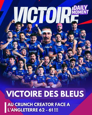 Publication DailyMomentTwitch annonçant la victoire de l’équipe de France au Crunch Creator face à l’Angleterre, 62 à 61