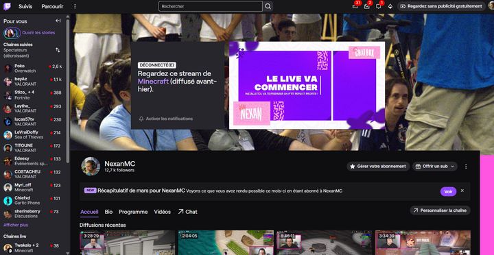 Page de la chaîne Twitch NexanMC affichant 12,7 k followers, un panneau « Le live va commencer » aux couleurs rose et violet, et la liste des diffusions récentes.