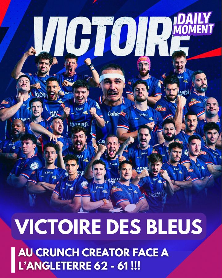 Publication DailyMomentTwitch annonçant la victoire de l’équipe de France au Crunch Creator face à l’Angleterre, 62 à 61